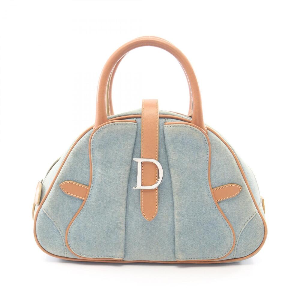 Christian Dior Double Saddle Handbag Denim Leather Blue Brown